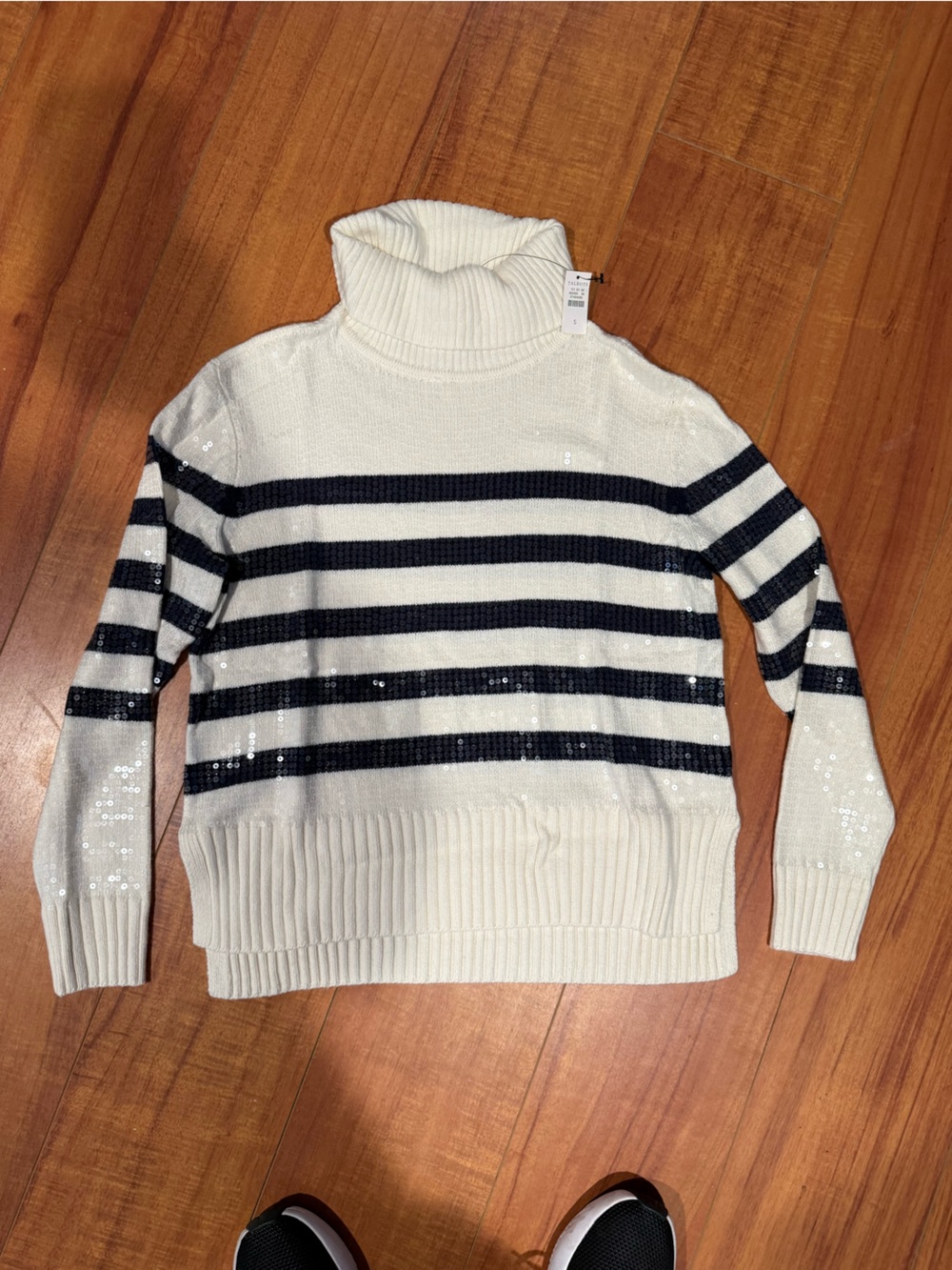 Talbots Cream and Navy Striped Sequin Turtleneck Sweater